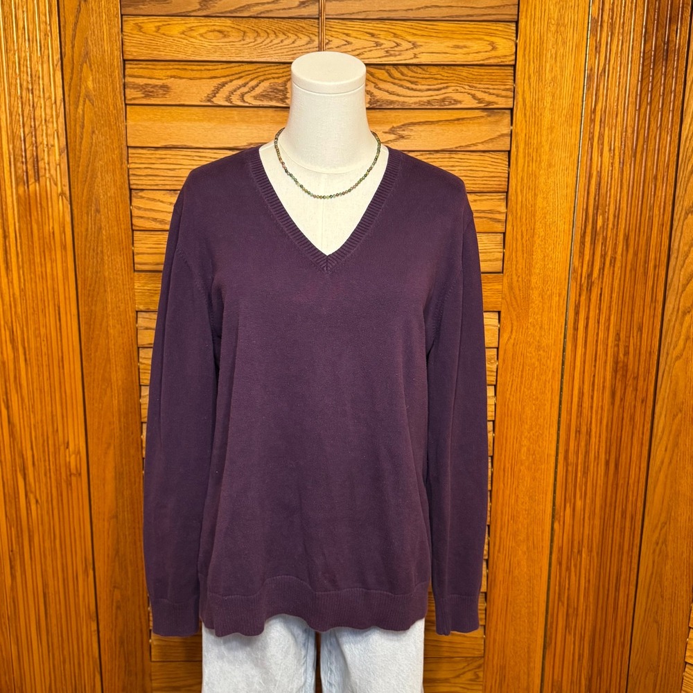 Lands End Womens V-Neck Sweater Long Sleeve Purple Plum Cotton Blend Large